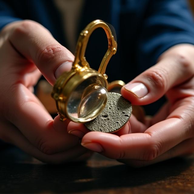 Esperto che valuta una moneta antica con lente di ingrandimento