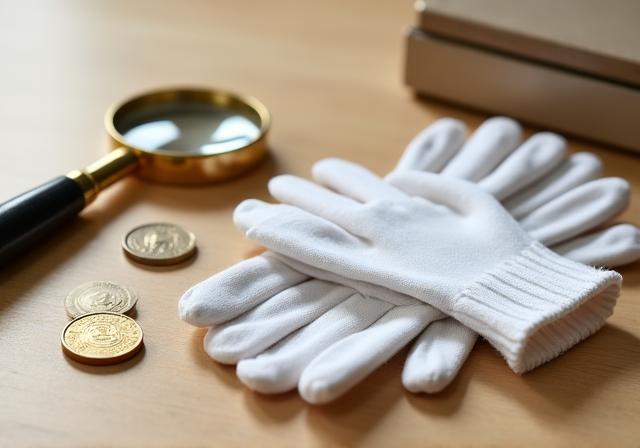 Kit professionale per numismatico con lente d'ingrandimento e guanti bianchi